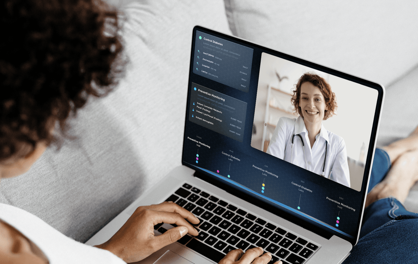 Image showing person holding laptop with a virtual doctors visit taking place. The doctor is displayed in the top right corner, and data is shown on the rest of the screen.