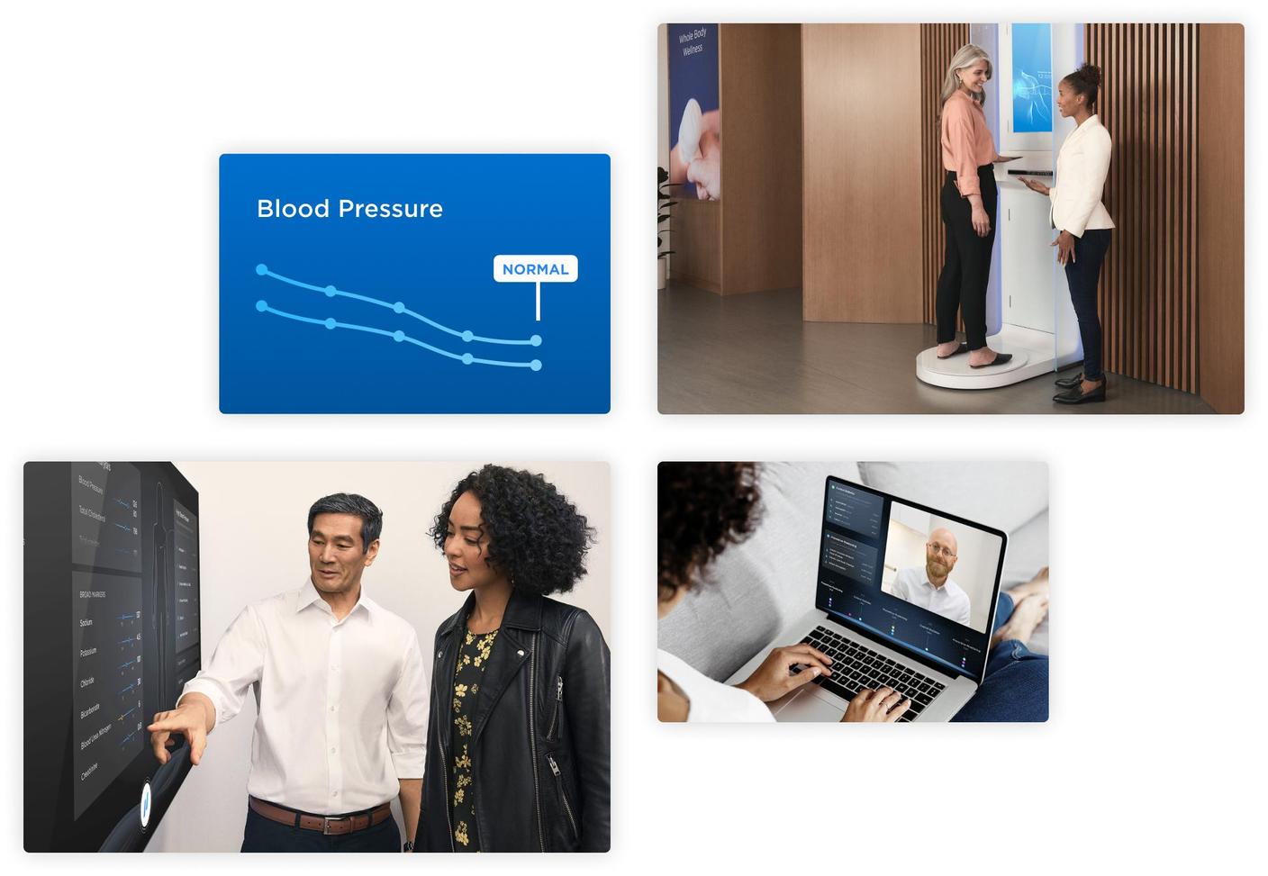 A grid of images featuring a descending blood pressure graph, a body scanner, a doctor and patient in a visit, and a patient in a telehealth visit.