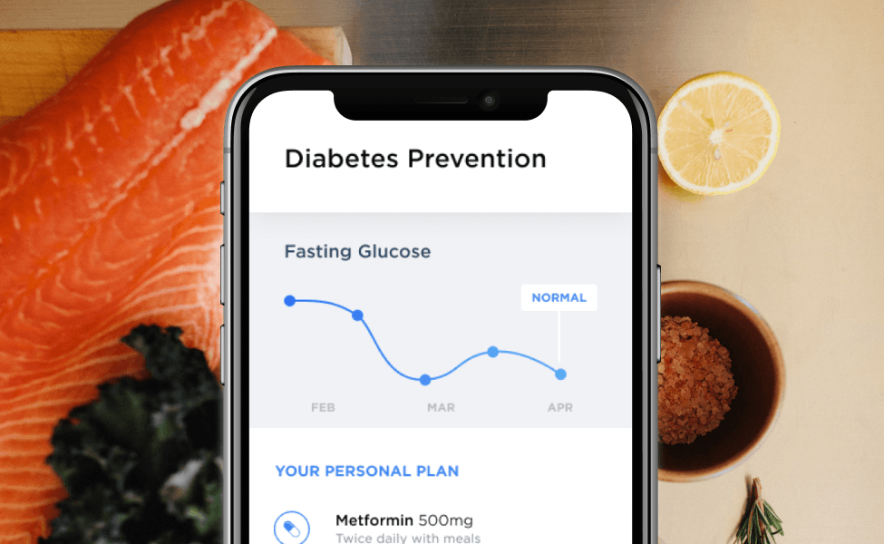 The Forward app shows a screen titled "Diabetes Prevention." It has a graph labeled "Fasting Glucose," and a list titled "Your Personal Plan" with steps like Metformin, Mediterranean Diet, and Walk While Fasting.