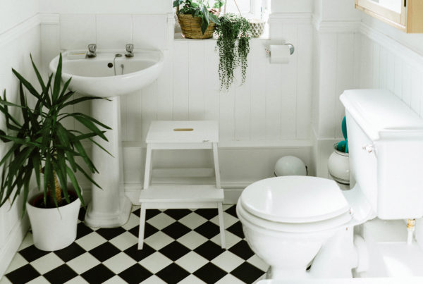 white hipster bathroom with black and white checkered floor and lots of green plants