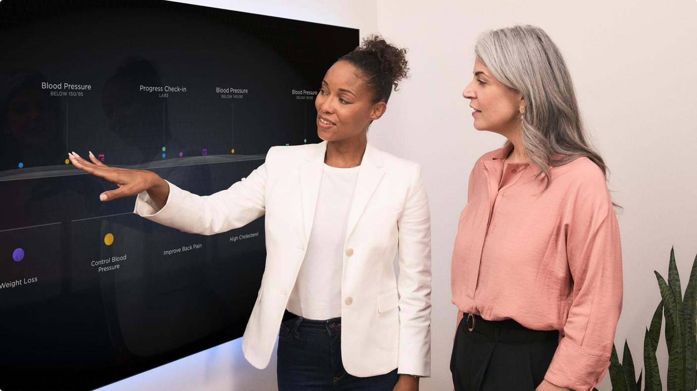 A doctor and a member look at a large screen on the wall. The screen shows a graph with blood pressure measurements.
